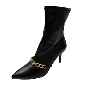 Juicy Couture Women's Black Vegan Leather Tommi High Heel Chain Ankle Boots 8.5 - Picture 1 of 9