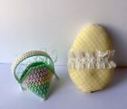 Vintage Handmade Mini Crochet Plastic Canvas / Yarn Easter Basket & Fabric Egg
