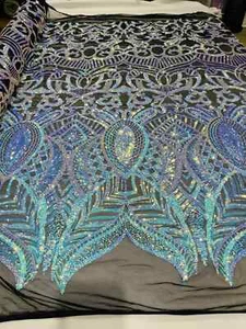 Aqua/Blue Iridescent Sequin Fabric 4 Way Stretch Embroidery With Sequins By Yard - Picture 1 of 4