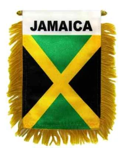 1 dozen Jamaica Mini Banners Gold Fringe Mini Car Mirror Window Hanging Flags - Picture 1 of 3