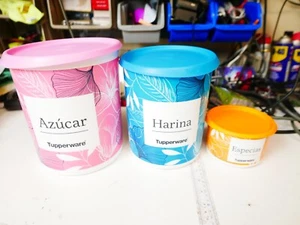 TUPPERWARE ONE TOUCH CANISTER SET 3 pc SPANISH HARINA AZUCAR ESPECIAS - Picture 1 of 8