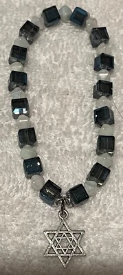 Star of David Charm w/Blue Cube & White Bicone Beads w/Silvertone spacer New - Image 1 of 4