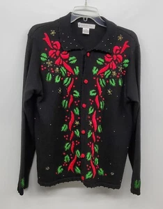 ARRIVISTE VINTAGE WEIHNACHTEN HOLLY PERLEN SCHWARZER PULLOVER GRÖSSE MEDIUM - Bild 1 von 7
