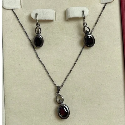 Coldwater Creek Oval Garnet Stone Sterling Silver Necklace & Earrings Set - Image 1 of 4
