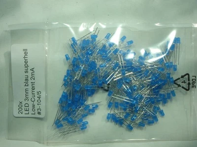 200x LED 3mm blau superhell Low-Current 2mA #3-104/5#004a - Bild 1 von 4
