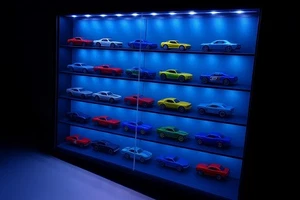Vitrina LED para Hot Wheels escala 1:64 24 diecast juguete coche gabinete de pared AZUL - Imagen 1 de 4
