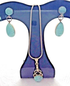 Bold Sterling Silver 925 Artisan Style Necklace + Drop Earrings, Blue Stones - Picture 1 of 9