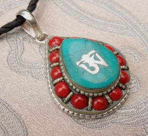 Large AMULET / Pendant from Nepal Turquoise Coral OM - Picture 1 of 2