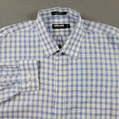 Kirkland Men's No-Iron Button-Up Long Sleeve Shirt Blue Plaid Size 18-35 - Image 1 of 4
