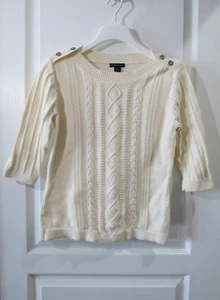 Westbound 100 % Baumwolle elfenbeinfarben U-Boot-Ausschnitt 3/4 Ärmel Zopfmuster Pullover Sweater PS - Bild 1 von 14