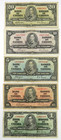 Lot de 5 - 1937 billets de banque canadiens de 20 $, 10 $, 5 $, 2 $, 1 $