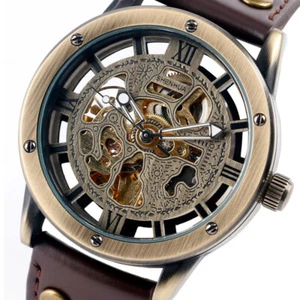 SHENHUA Vintage Style Skeleton Watch Mechanical Wristwatch Leather Strap Watches - Picture 1 of 12