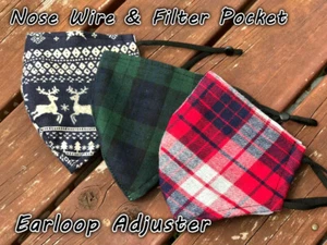 Máscara facial a cuadros lavable algodón rojo verde Navidad ciervo nariz alambre filtro bolsillo - Imagen 1 de 9