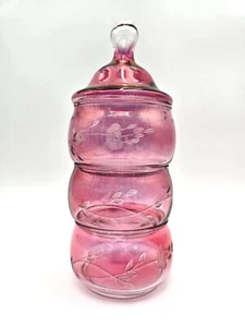 Vtg Princess House Heritage Etched Glass Pink Stacked 3 Candy Dishes w/Lid - Picture 1 of 9