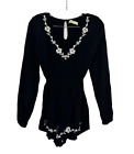 Abercrombie & Fitch Western Floral Embroidery Long Sleeve Romper XS Black V-Neck