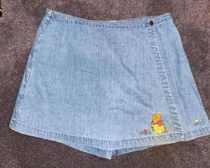Disney Store Vintage Y2K Plus Size Wrap Denim Skort Skirt XL Pooh With Flowers - Picture 1 of 9