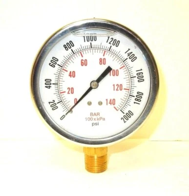 Gauge 4" Face S/S Case 2000 psi/Bar 1/2" NPT Brass Lower Liquid Filled <310ER20 - Image 1 of 2