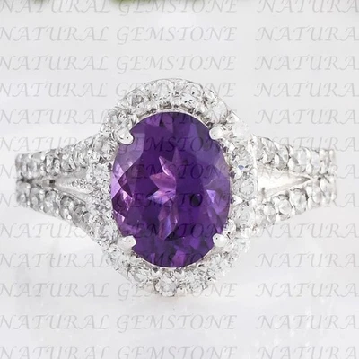Anillo de compromiso ovalado de diamantes y amatistas naturales de 5,90 quilates enchapado en oro blanco de 18 quilates Foto 1 de 4