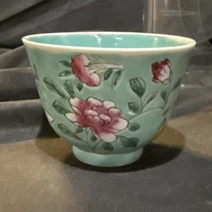 Qing Republic Turquoise Enamel Porcelain Teacup Marked China 2 1/4x3 1/2 In - Picture 1 of 11