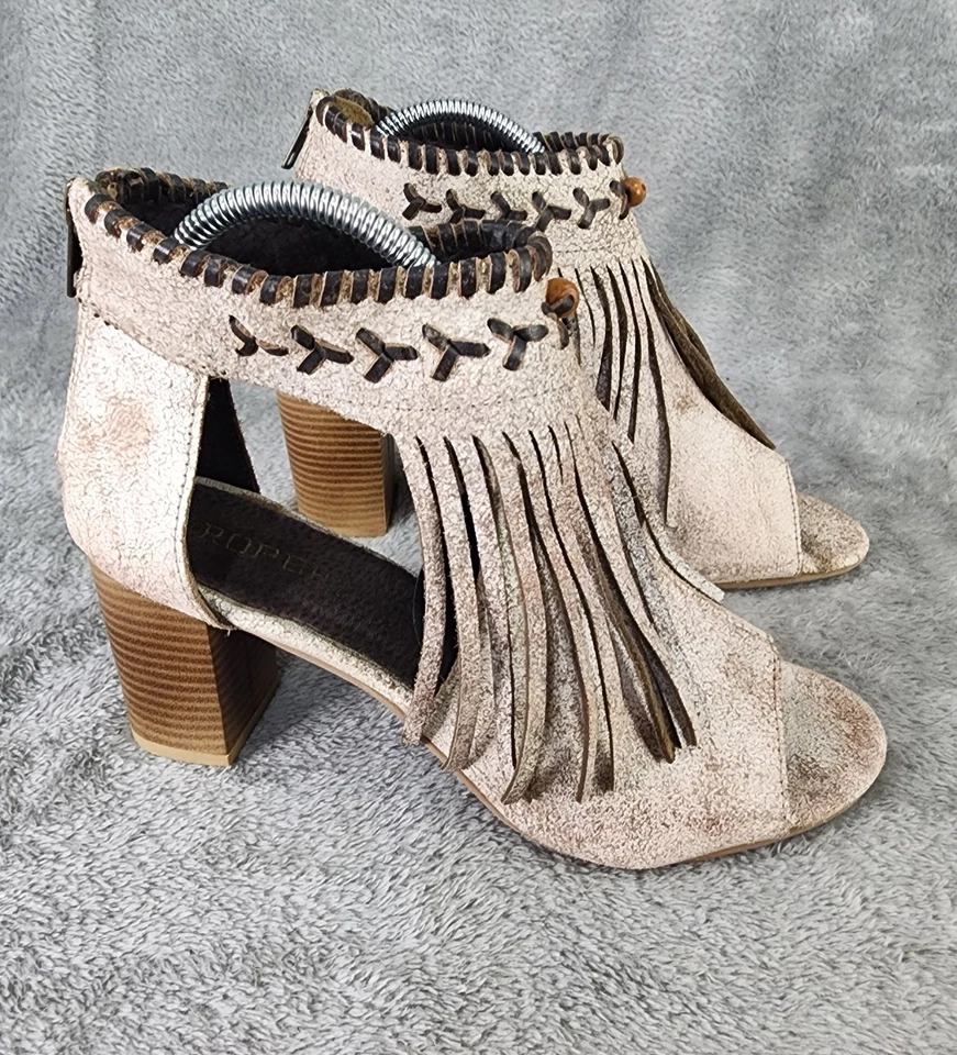 Roper Shoes Womens Size 9 Beige Fringe Peep Toe Booties Western Heeled Suede - Image 1 of 4