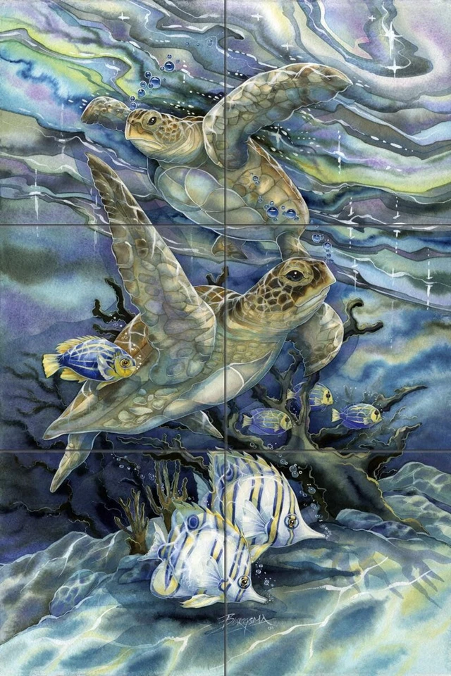 Mural de azulejos de cerámica salpicadero de baño - tortugas y peces - por Jody Bergsma Foto 1 de 1