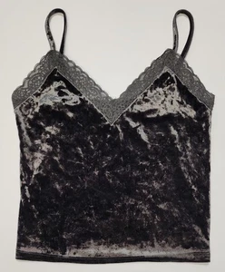 FOREVER 21 Women Charcoal Gray Crushed Velvet Lace Sleeveless Tank Crop Top Sz S - Picture 1 of 7