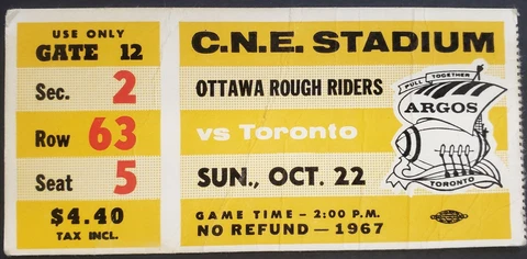 1967 C.N.E. Stadium Ottawa Rough Riders vs Toronto Argonauts CFL Football Ticket Cover