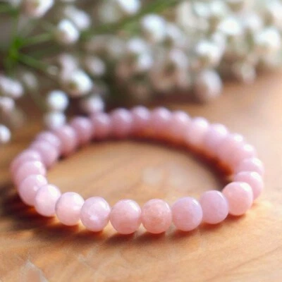 Pulsera de piedra de cuarzo rosa natural de 8 mm pulsera elástica de cristal rosa hecha a mano Foto 1 de 2