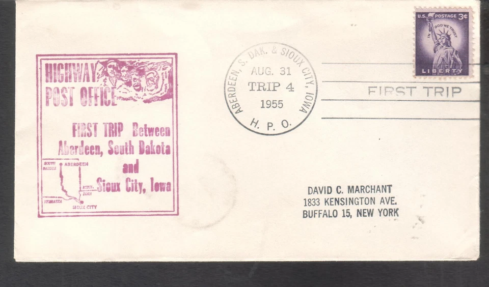 1955 HPO Highway Post Office cachet cover Aberdeen SD & Sioux City Iowa Trip 4 - Image 1 of 1