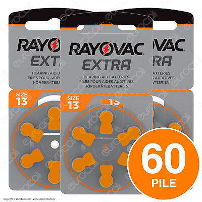 60 Batterie PILE RAYOVAC Extra 13 Per Apparecchi Acustici PROTESI Udito PR48 • 17.85€
