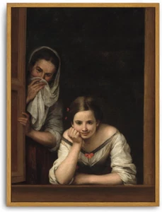 Framed Canvas Wall Art Vintage Print Paintings Two Women at a Window Restroom Fu - Picture 1 of 12