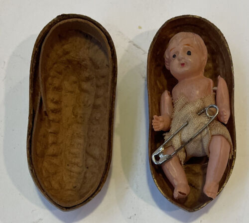 Antique Celluloid Baby Doll Papier Mache Peanut Shell Crib Box Vtg 1920's 