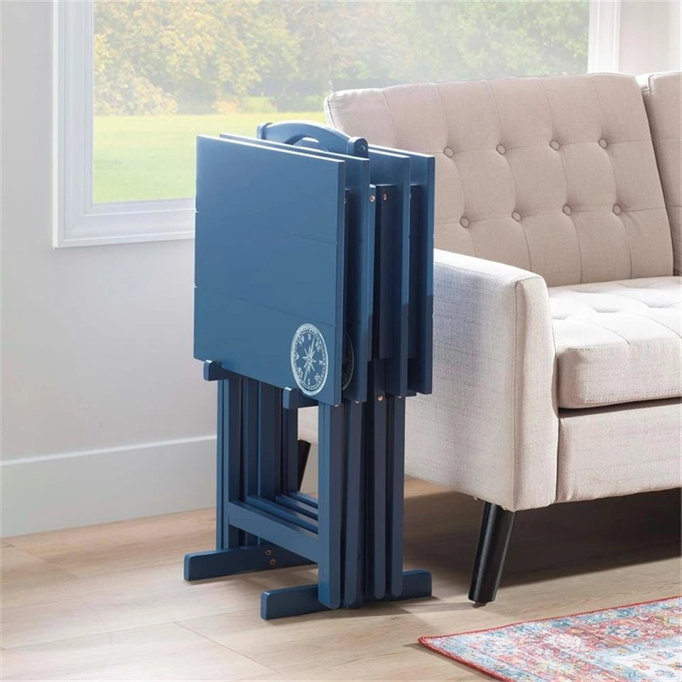 Linon Lorie 5 Piece Tray Table Set Planked Top Compass Design in Navy Blue Wood - Image 1 of 4