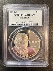 1993-S PCGS PR69DCAM Madison Commemorative Silver Proof Dollar - Picture 1 of 2