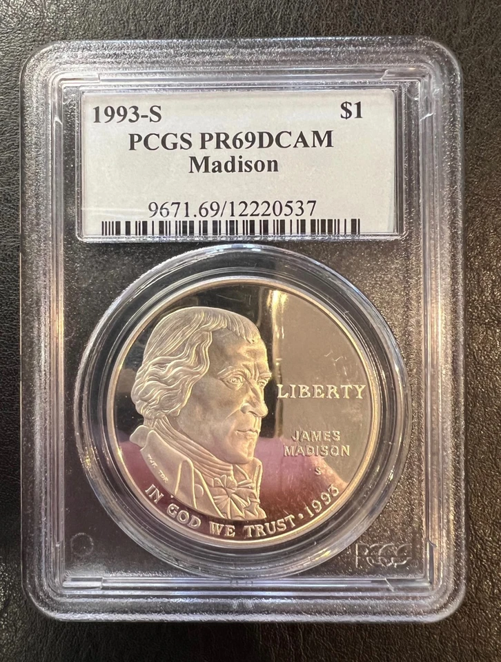 1993-S PCGS PR69DCAM Madison Commemorative Silver Proof Dollar - Image 1 of 2