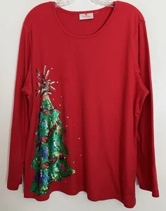 Top Quacker Factory Rojo Bordado Lentejuelas Árbol de Navidad Vacaciones Brillante 1X - Imagen 1 de 5