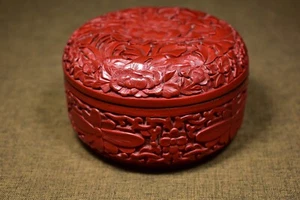Collectible Chinese red lacquerware handmade carven flower exquisite Round Box - Picture 1 of 9