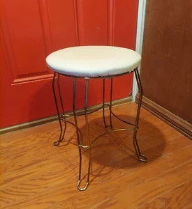 Vintage Mid Century Gold Metal Vanity Chair Stool Vinyl Seat - Picture 1 of 11