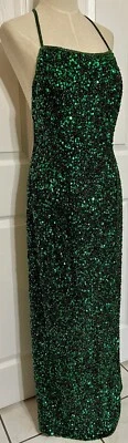 SCALA Emeral Green Sequin Beaded 100% Silk Long Evening Gown M Low Back Lined - Image 1 of 4