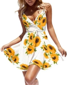 CASURESS Women Dress V Neck Mini Floral Swing Dress Sleeveless Spaghetti Strap S - Picture 1 of 6