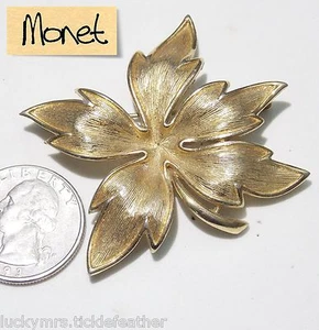 Vintage Signed MONET Pin/Brooch, Large Textured Goldtone Deeply Lobed Leaf - Picture 1 of 2