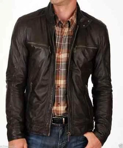 Men’s Slim Fit Cafe Racer Jacket Brown Lambskin Leather Motorcycle - Picture 1 of 3