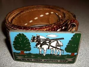 Vintage Orville Belt with"Walnut Creek Harness Shop" Buckle Brown Leather Sz 38 - Picture 1 of 7