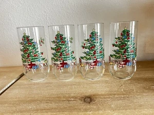 MCM Set of 4 Vintage Luminarc Noel Christmas Tree Holly 16oz Tumblers / Glasses - Picture 1 of 3