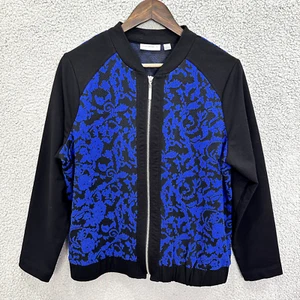 Susan Graver Bomber Jacket Womens Medium Black Blue Floral Zip Lightweight Boho - Picture 1 of 6