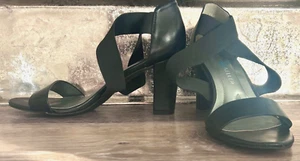 Andrew Geller Black Sandals 7 1/2 M Queena Open Elastic Cris Cross Strap 3" Heel - Picture 1 of 7
