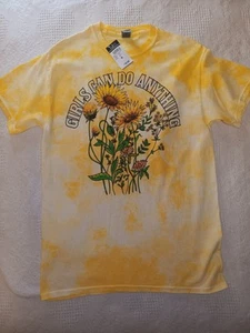NWT Yellow Girls Medium Girls Can Do Anything Graphic Tee Rue 21 Flowers Gildan - Picture 1 of 7
