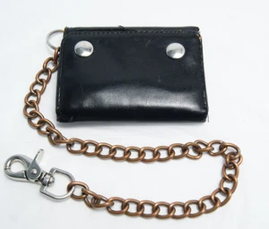 Black Mens Biker Chain Trifold Wallet Faux Leather Trucker Punk Goth Distressed - Picture 1 of 11