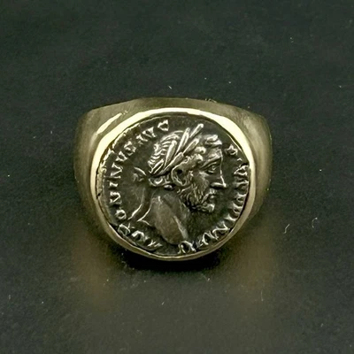 ANTONINUS PIUS SILVER COIN 14K YELLOW GOLD SIGNET RING 13 G SZ 9.5 - Image 1 of 4