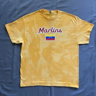 2020s Miami Marlins Venezuela Heritage T Shirt Mens XL Yellow Acid Wash Dye MLB - Image 1 of 4
